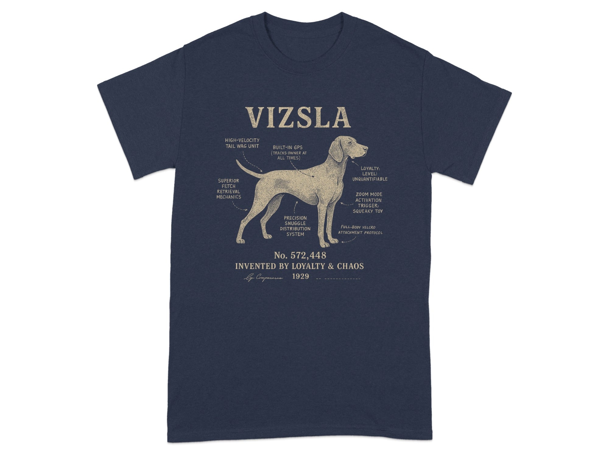 Vizsla diagram with humorous labels detailing dog's traits and functions.