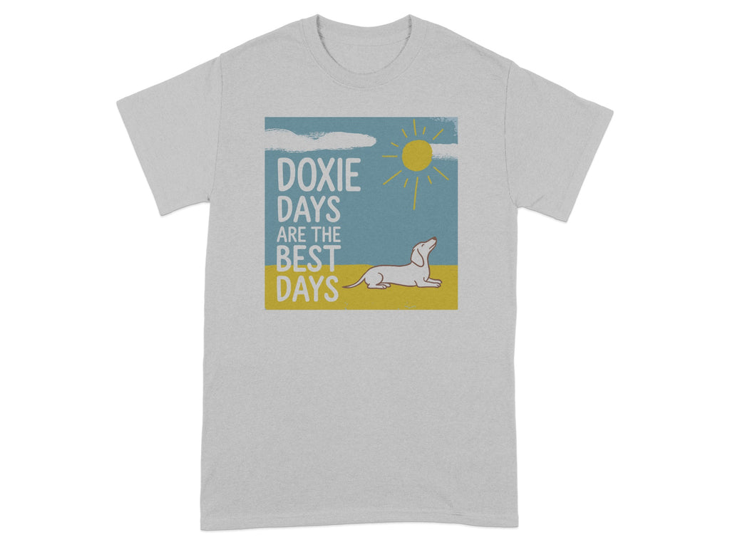 Grey t-shirt with a dachshund and "Doxie Days Are The Best Days" text.
