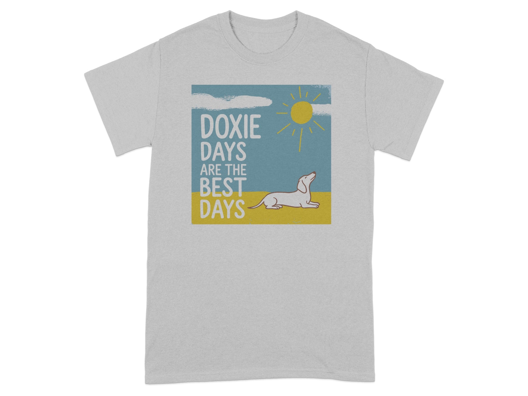 Grey t-shirt with a dachshund and "Doxie Days Are The Best Days" text.