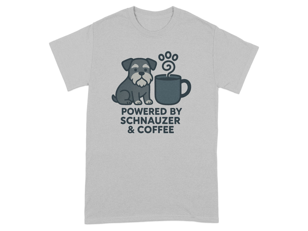T-shirt graphic with schnauzer and coffee cup, text reads "Powered by Schnauzer & Coffee."
