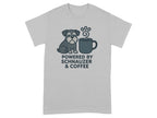 T-shirt graphic with schnauzer and coffee cup, text reads "Powered by Schnauzer & Coffee."