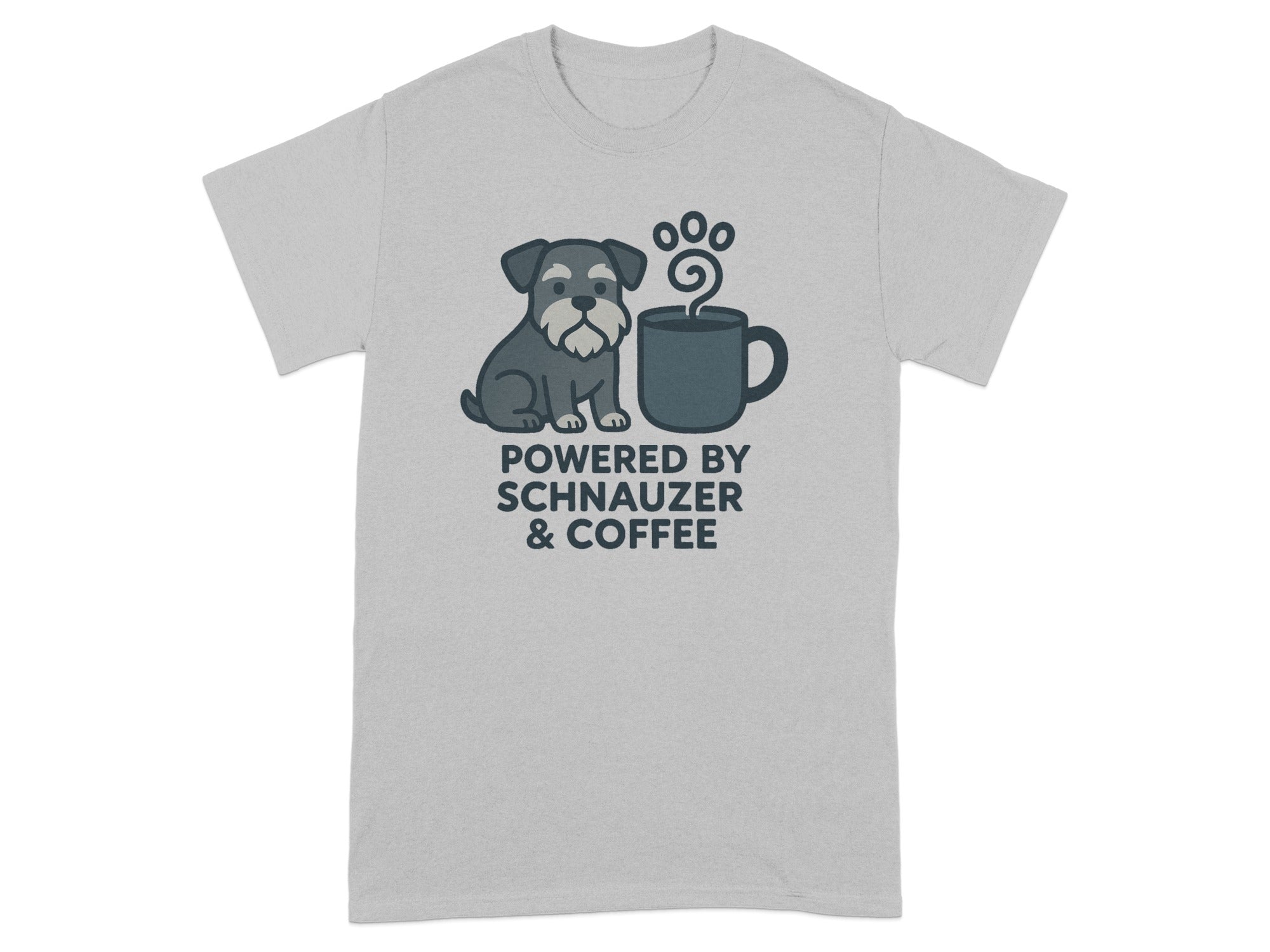 T-shirt graphic with schnauzer and coffee cup, text reads "Powered by Schnauzer & Coffee."