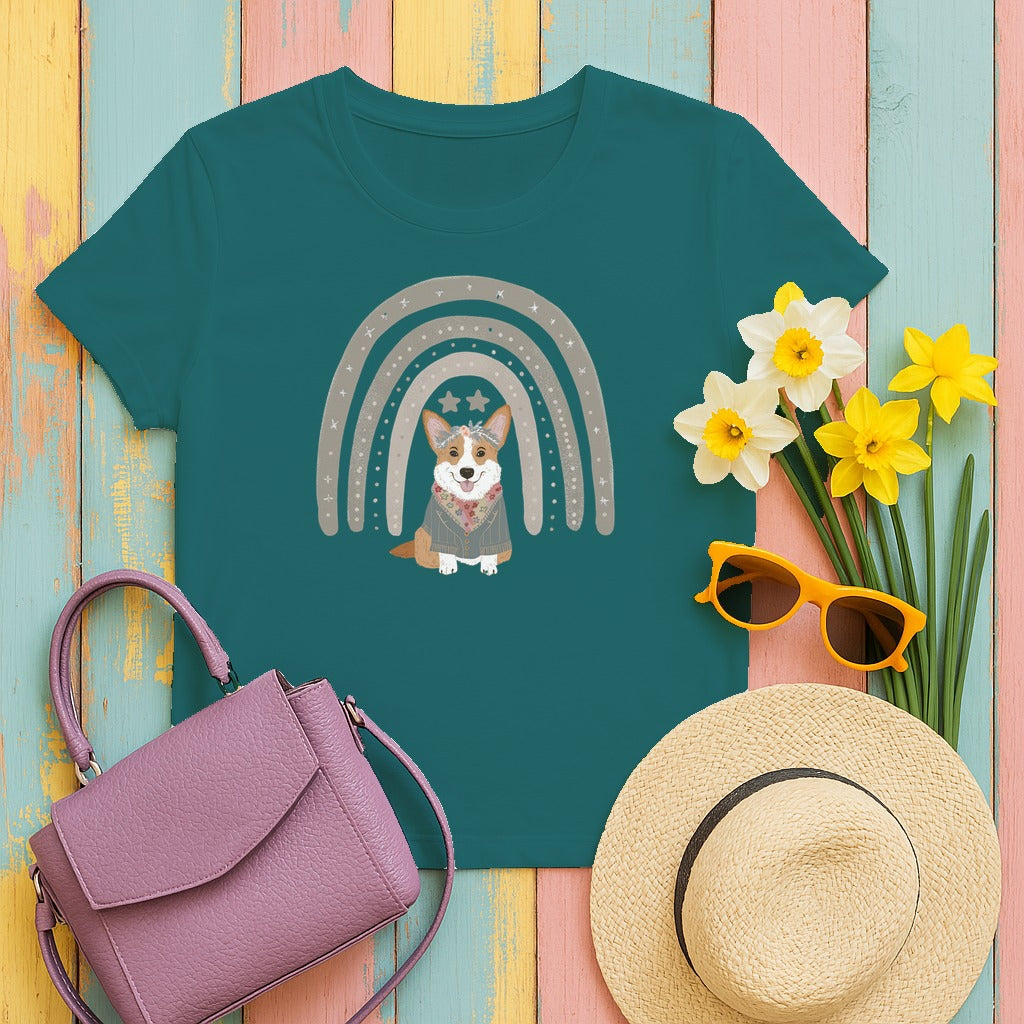 Cute Corgi with Rainbow Stars Print T-Shirts in Antique Jade Dome