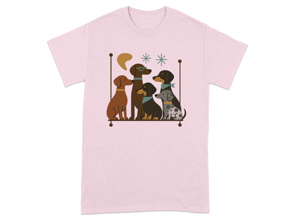 Illustration of five dogs sitting on a shelf with abstract shapes and stars.