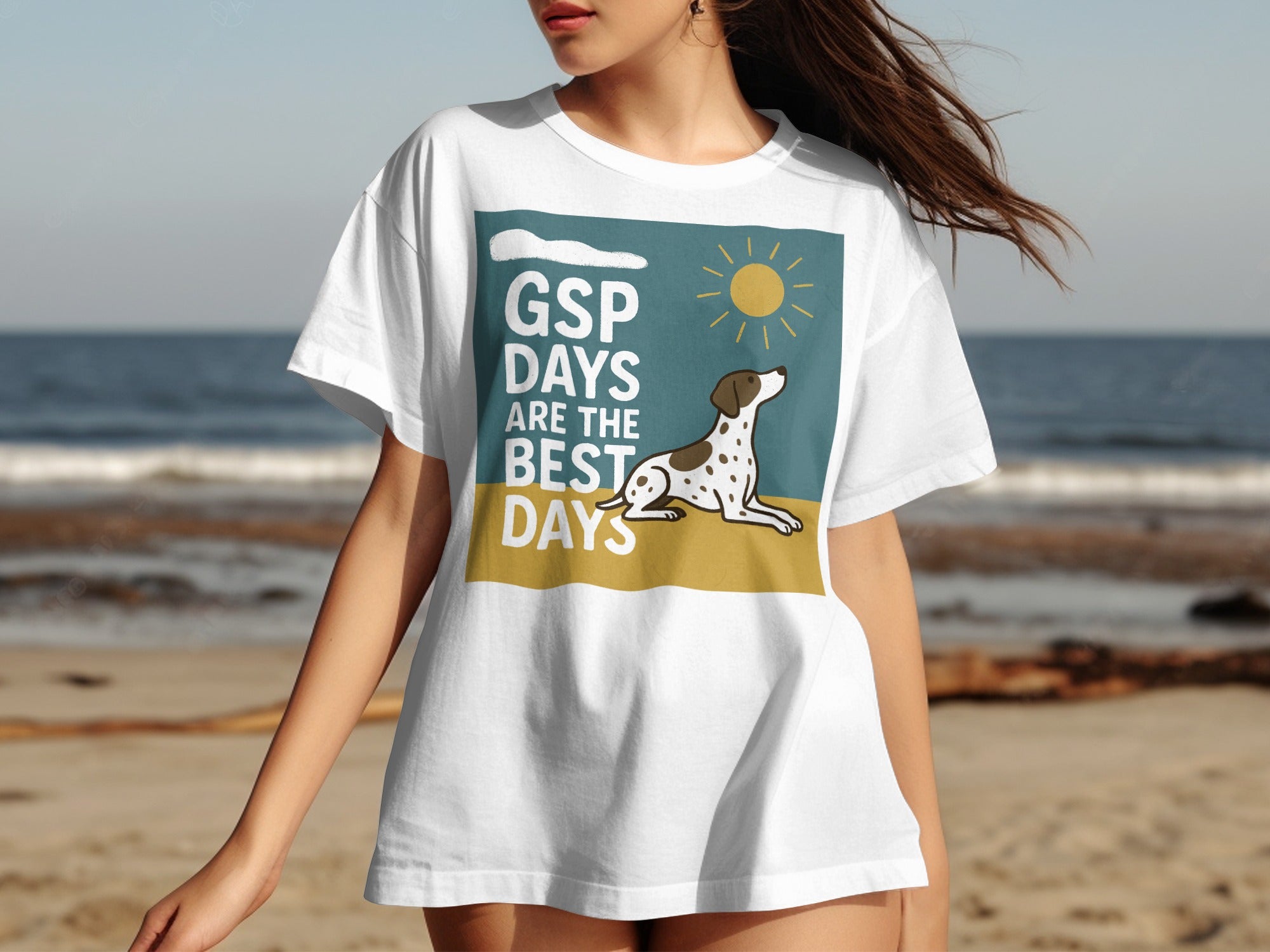 White t-shirt with dog graphic and text "GSP DAYS ARE THE BEST DAYS".