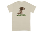 Beige t-shirt with dog illustration and "TOUCHING YOU FOR EMOTIONAL STABILITY" text.