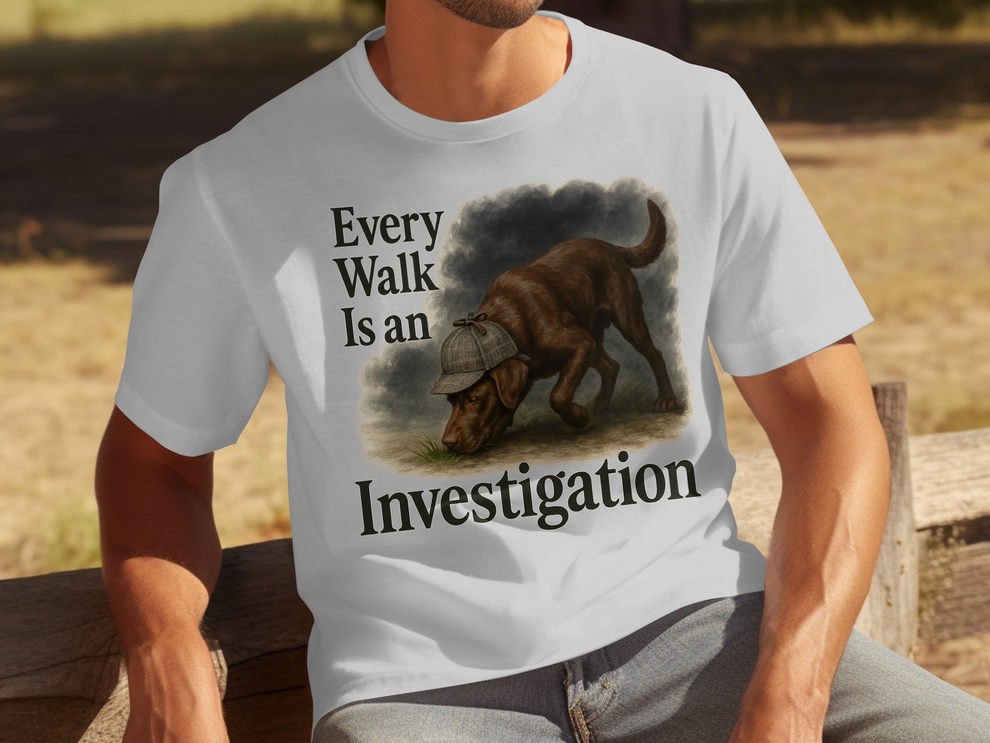 White t-shirt with brown dog wearing a hat, text says "Every Walk Is an Investigation".