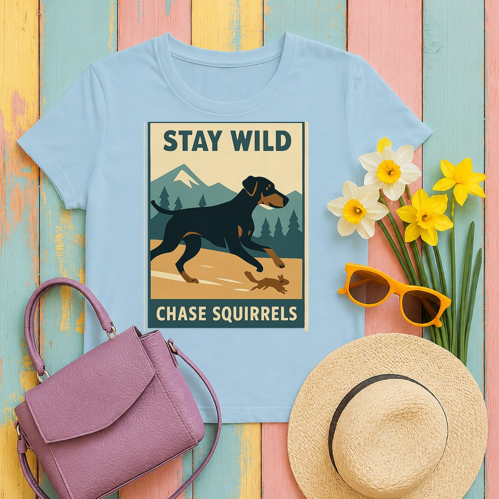 Doberman Stay Wild Chase Squirrels Tee in Light Blue