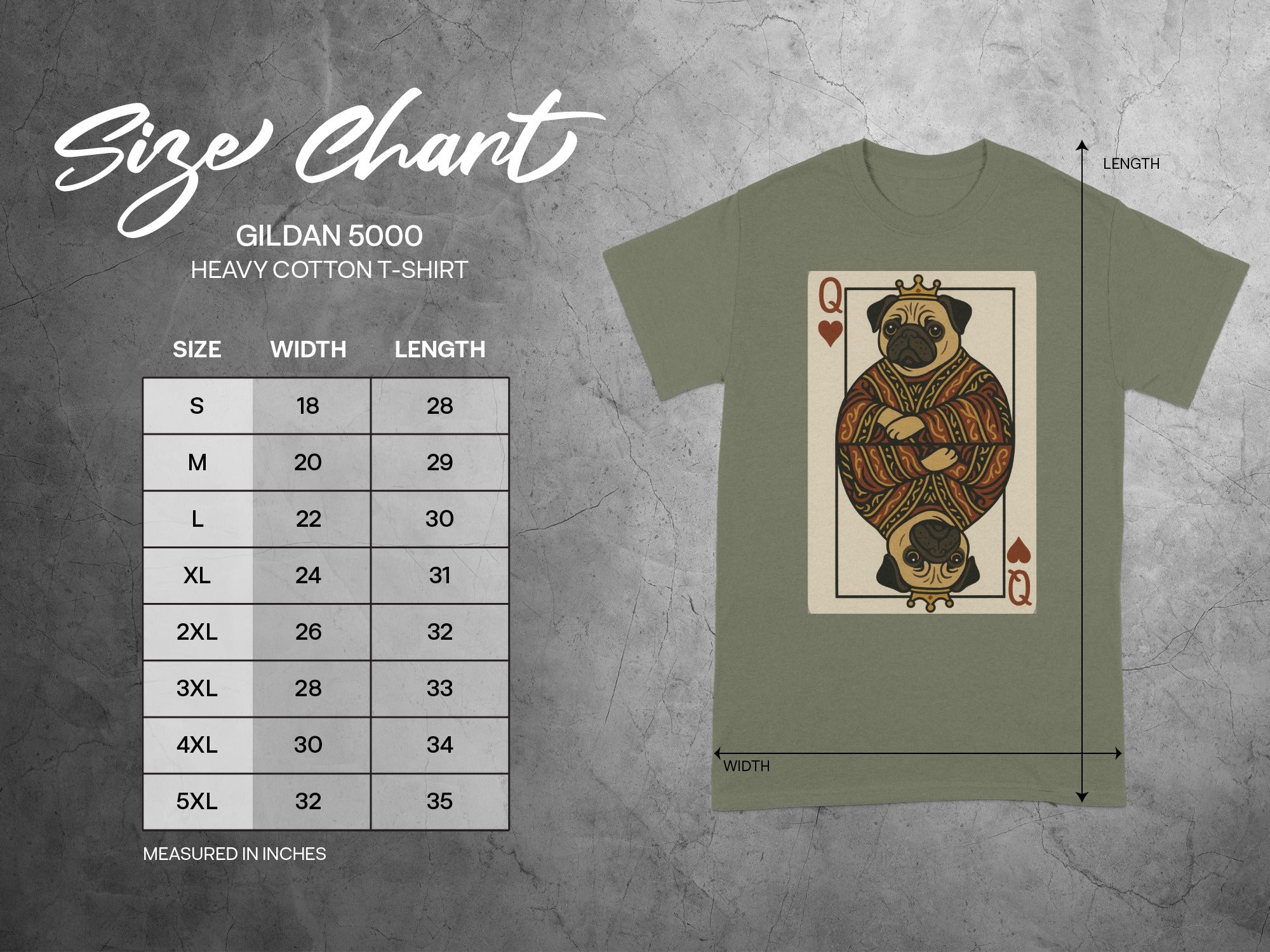 Gildan 5000 t-shirt size chart featuring a Queen of Pugs playing card design.