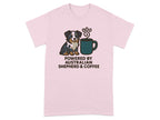 Pink t-shirt with Australian Shepherd and coffee graphic, text reads "POWERED BY AUSTRALIAN SHEPHERD & COFFEE".