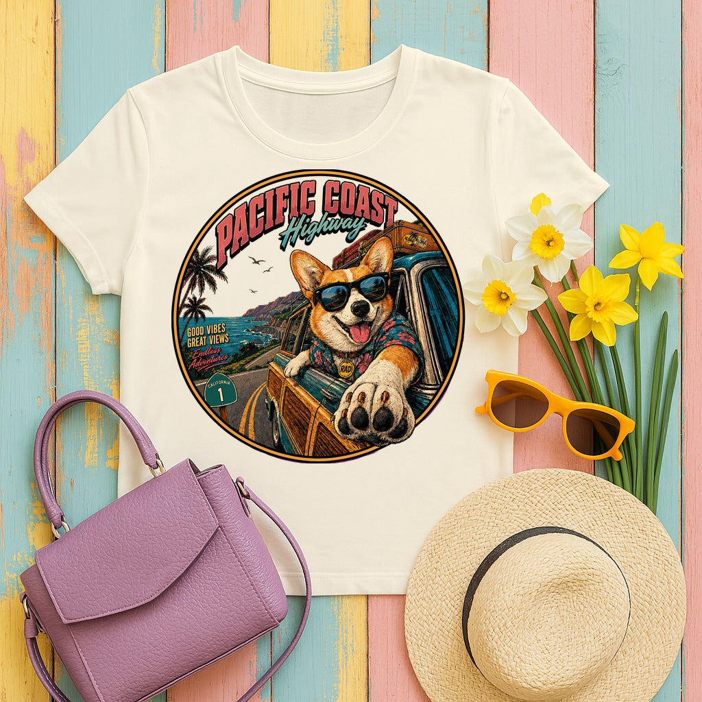 Pacific Coast Corgi Road Trip T-Shirt in Natural