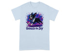 Boston Terrier running with colorful paint splatters and text "Unleash the Joy".