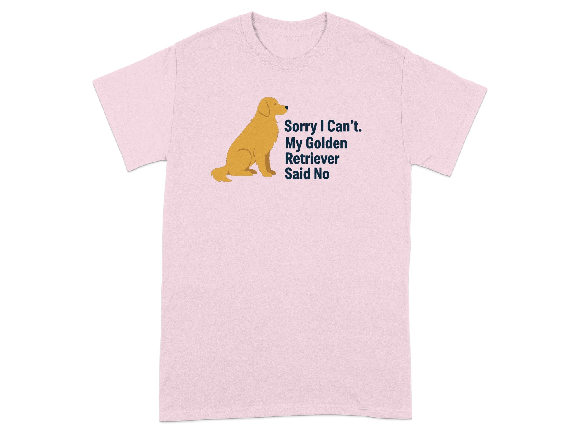 Pink t-shirt with seated golden retriever graphic and text.