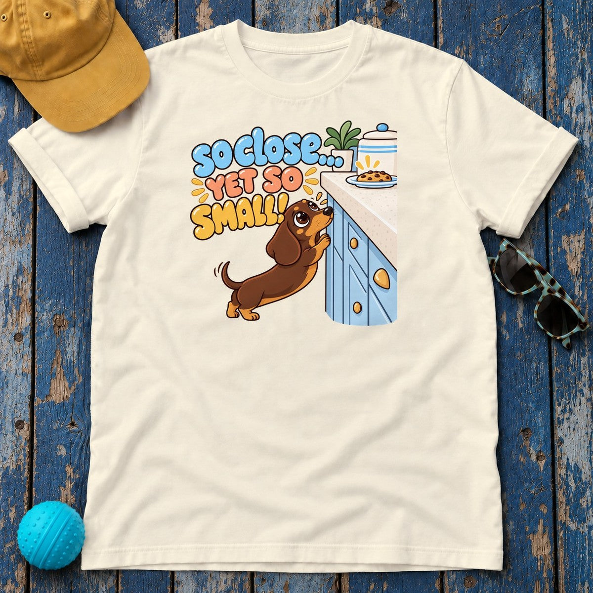 So Close Yet So Small Dachshund T-Shirt in Natural - flat lay