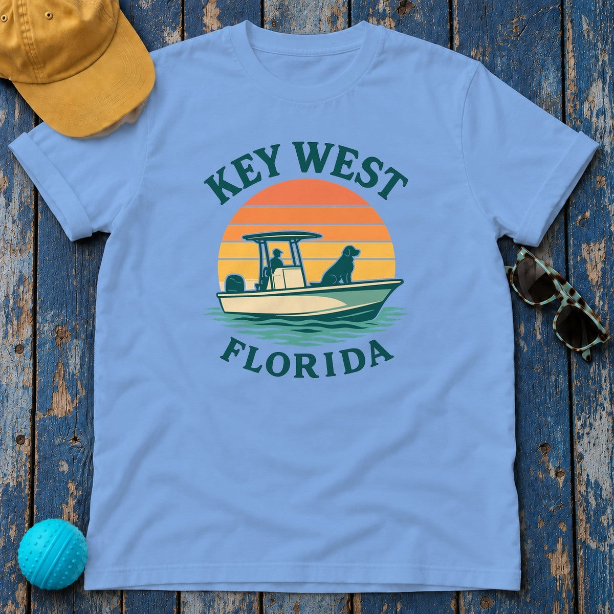 Key West Florida Retro Golden Retriever T-Shirt in Carolina Blue