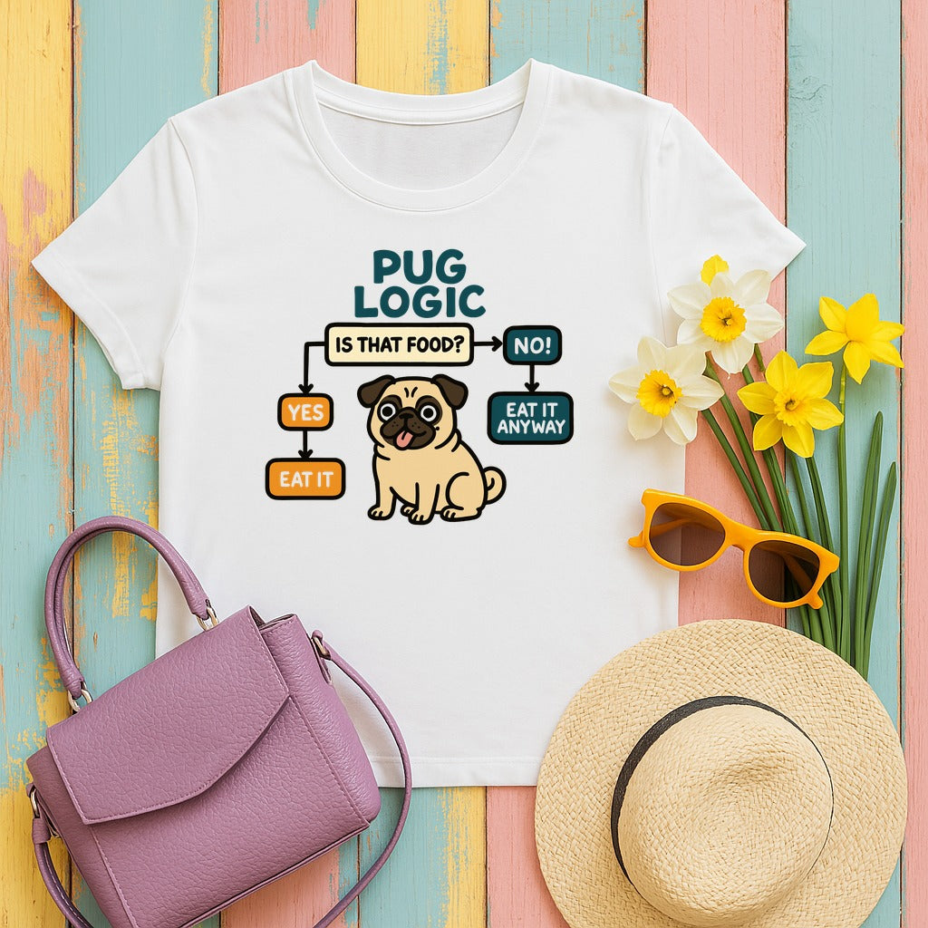Pug Logic Flowchart Humor T-Shirt in White
