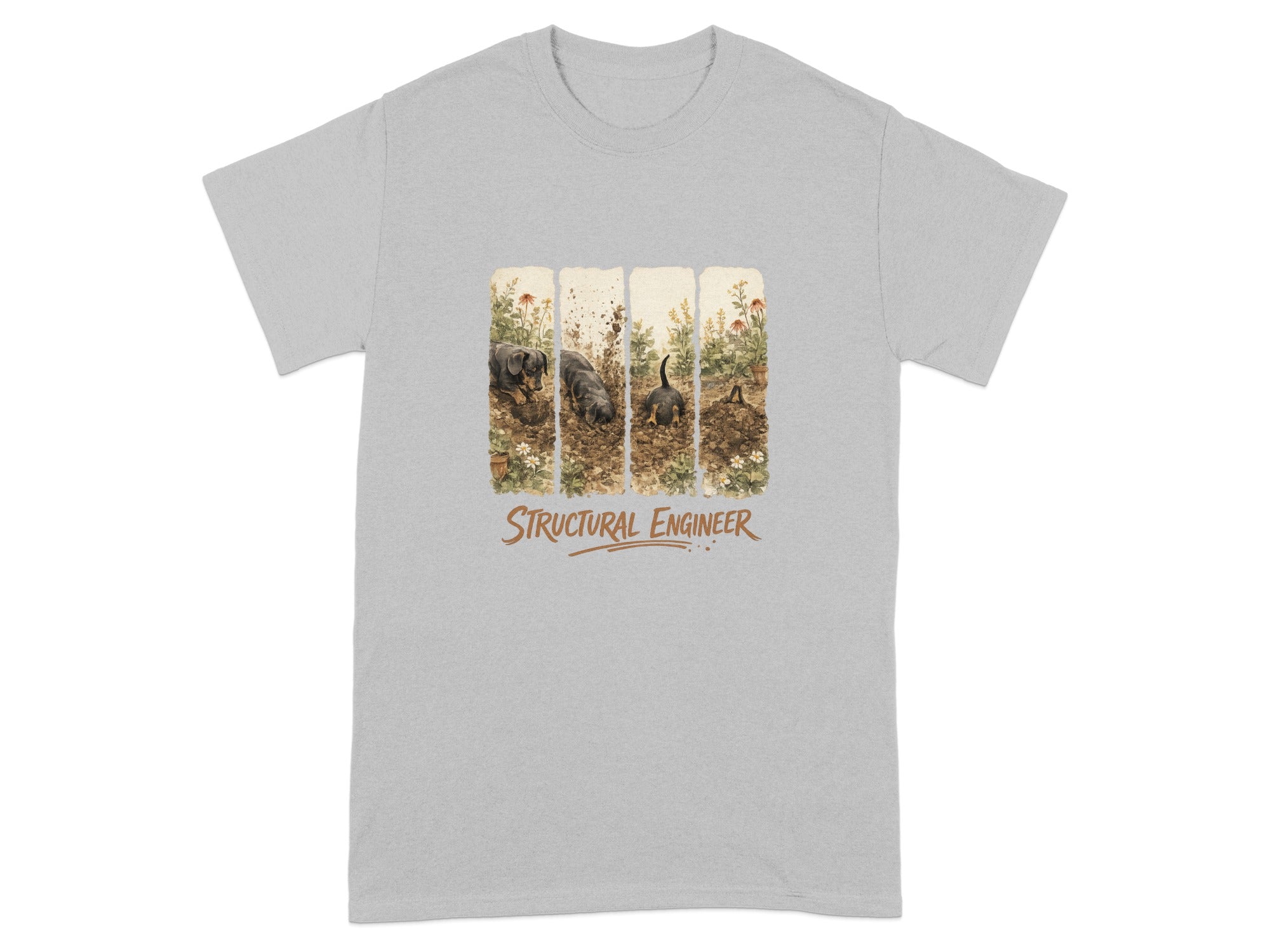 T-shirt with illustration of dachshunds digging in dirt and text "STRUCTURAL ENGINEER".