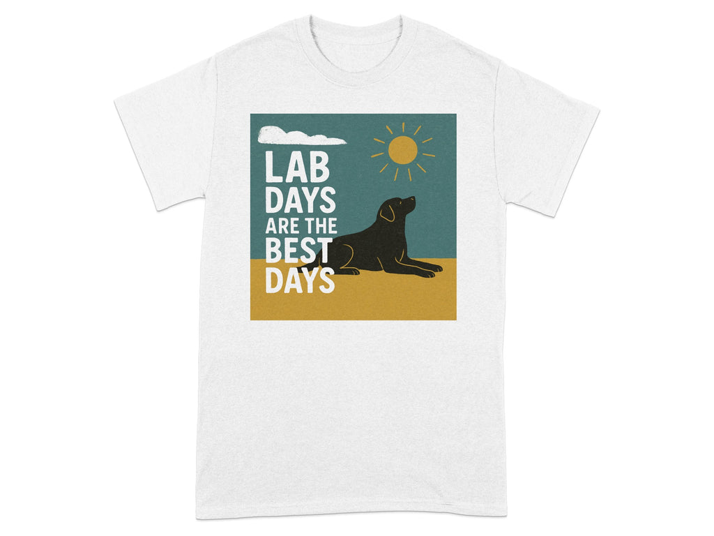 White t-shirt with graphic "Lab Days Are The Best Days" and a black lab.