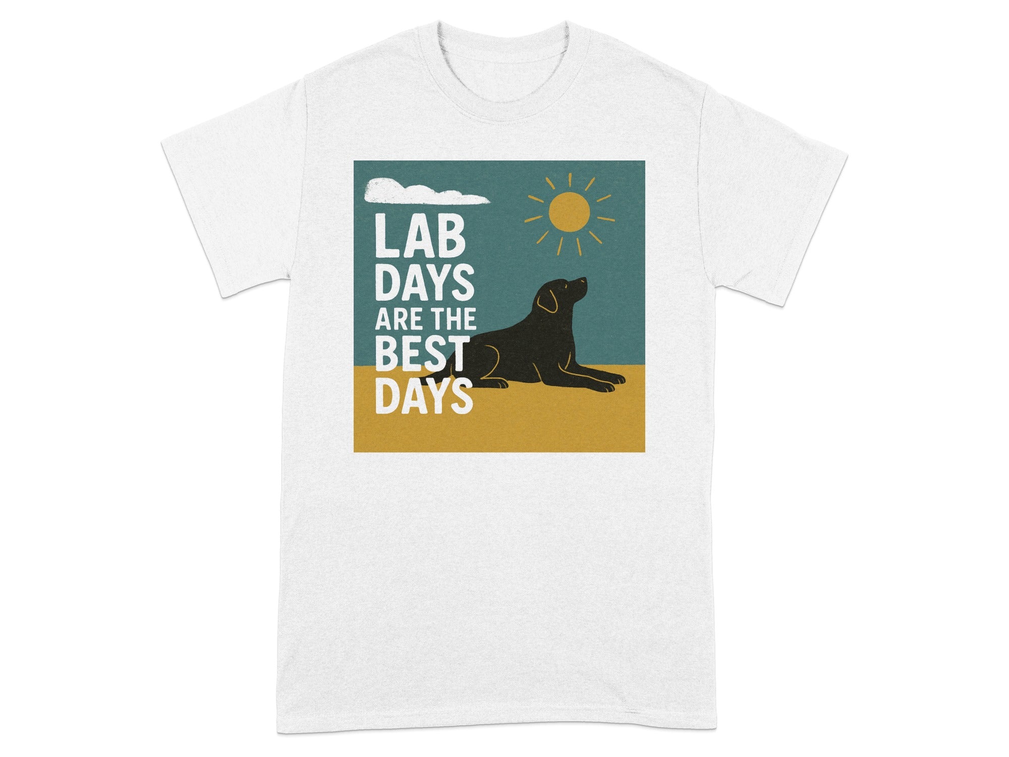 White t-shirt with graphic "Lab Days Are The Best Days" and a black lab.