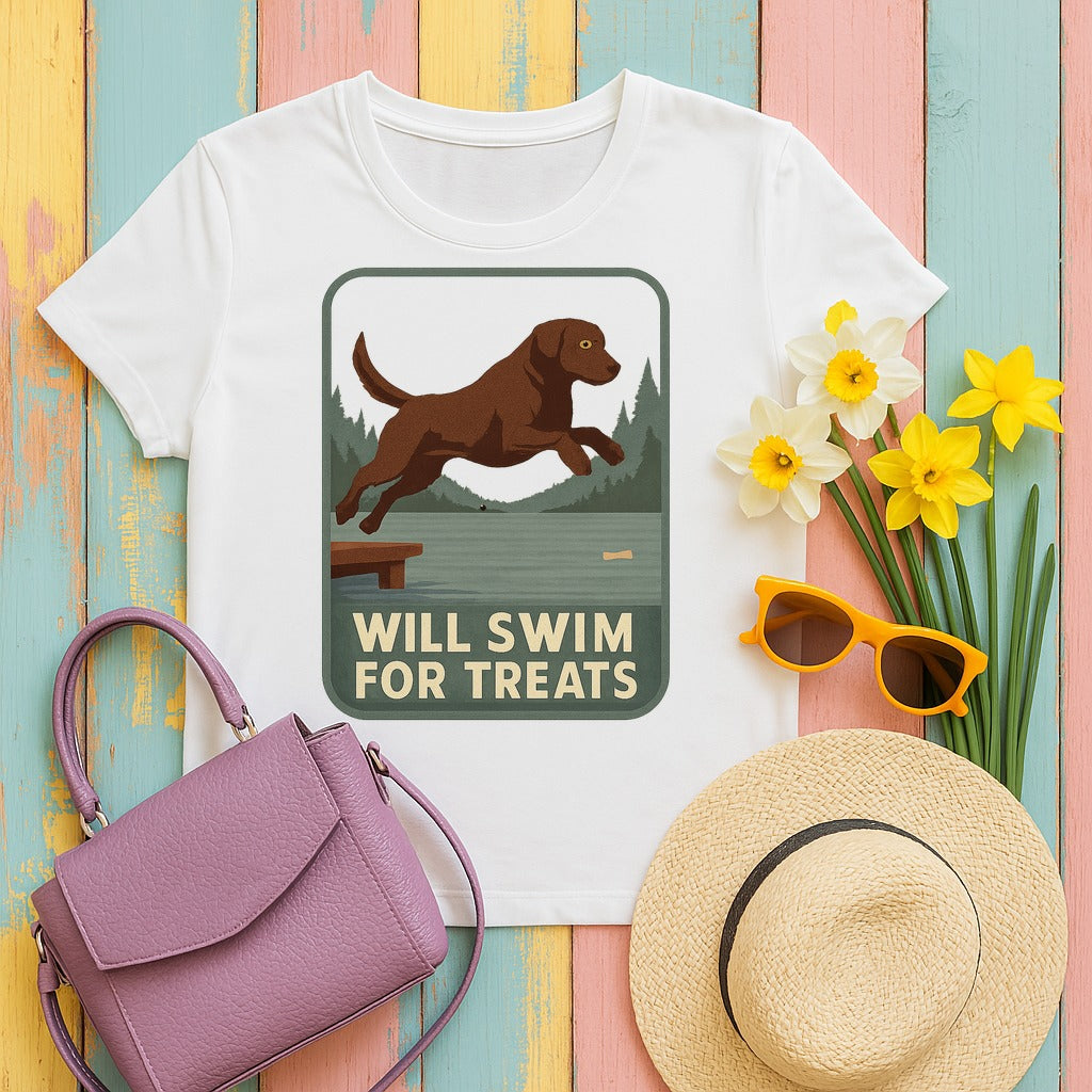 Chocolate Lab Will Swim for Treats T-shirt in White