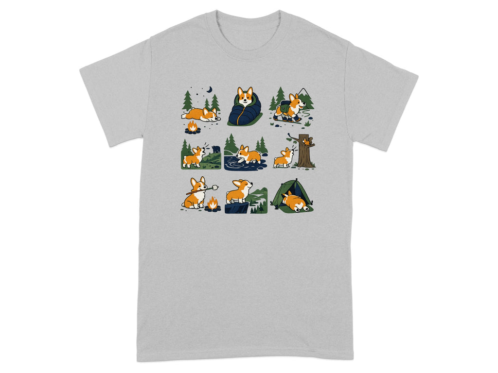 Grid of nine illustrated corgis camping and enjoying nature with trees and mountains.