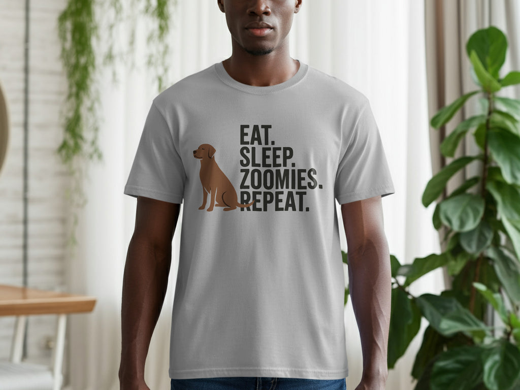 Grey t-shirt with brown dog and text "EAT. SLEEP. ZOOMIES. REPEAT."