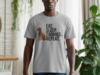 Grey t-shirt with brown dog and text "EAT. SLEEP. ZOOMIES. REPEAT."