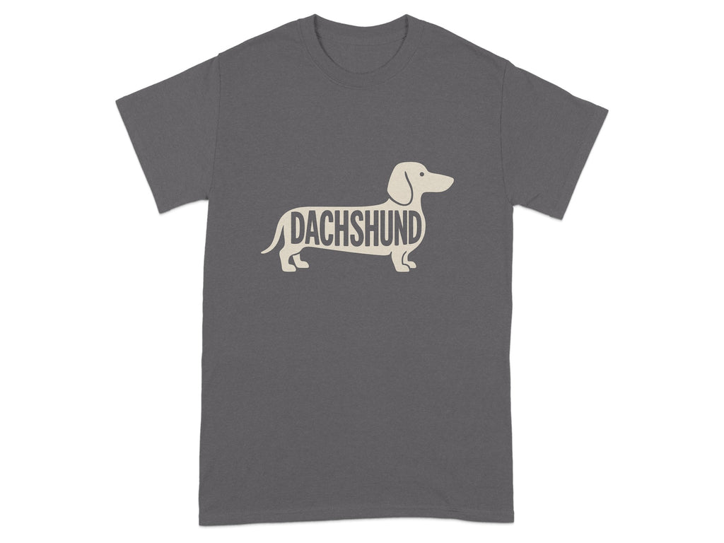 Charcoal t-shirt with a cream dachshund silhouette filled with the word "Dachshund".