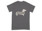 Charcoal t-shirt with a cream dachshund silhouette filled with the word "Dachshund".