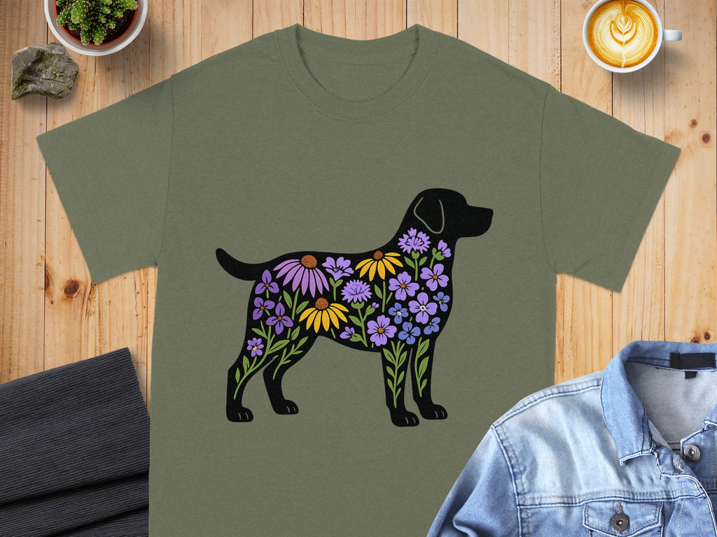 Floral Labrador Silhouette Design on Green T-Shirt