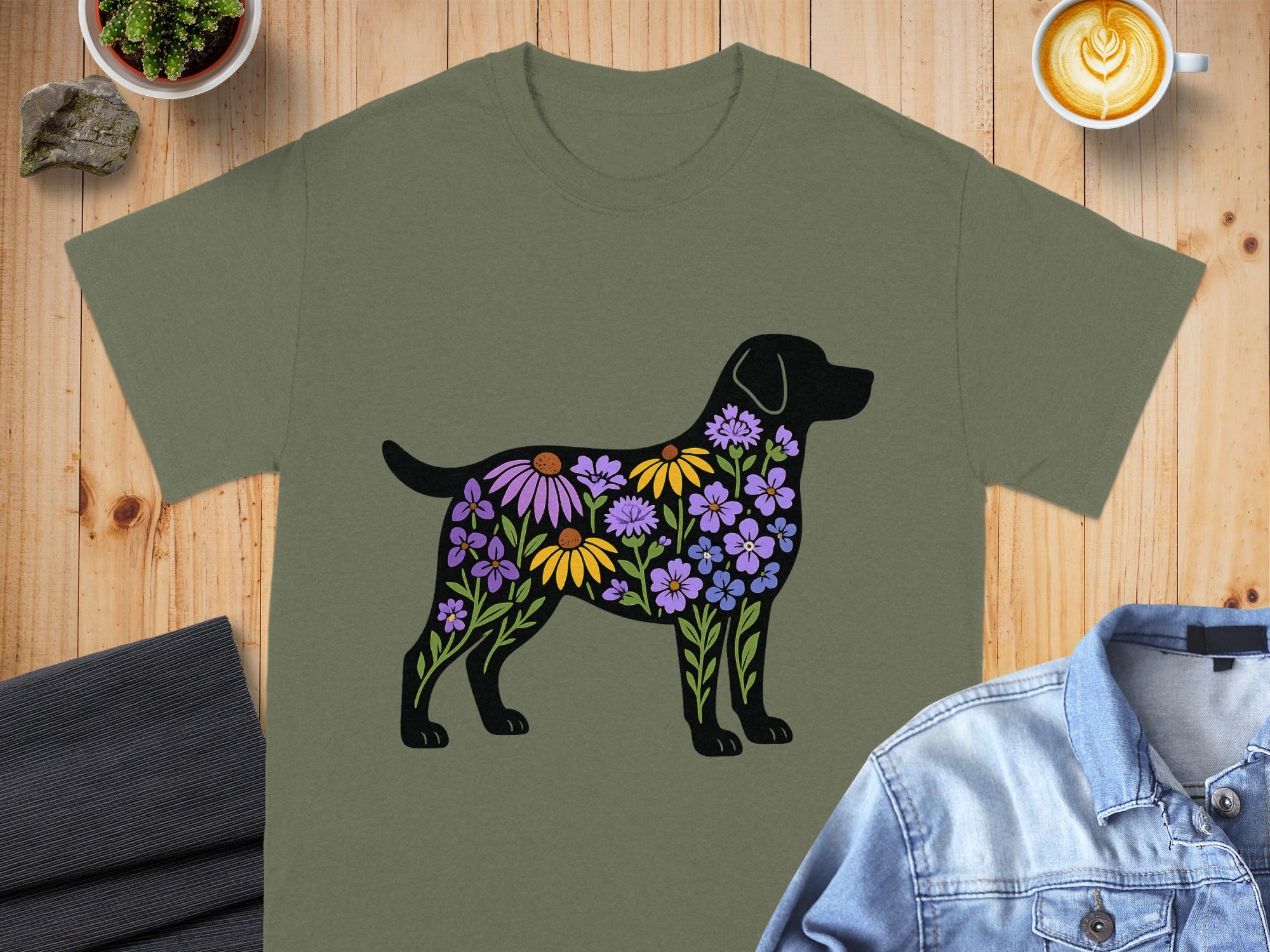 Floral Labrador Silhouette Design on Green T-Shirt