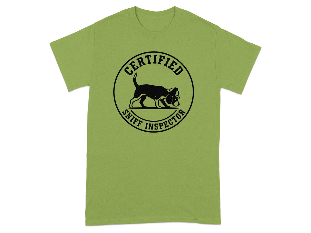Green t-shirt with black circular logo of a dog wearing glasses and the text "Certified Sniff Inspector".