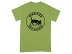 Green t-shirt with black circular logo of a dog wearing glasses and the text "Certified Sniff Inspector".