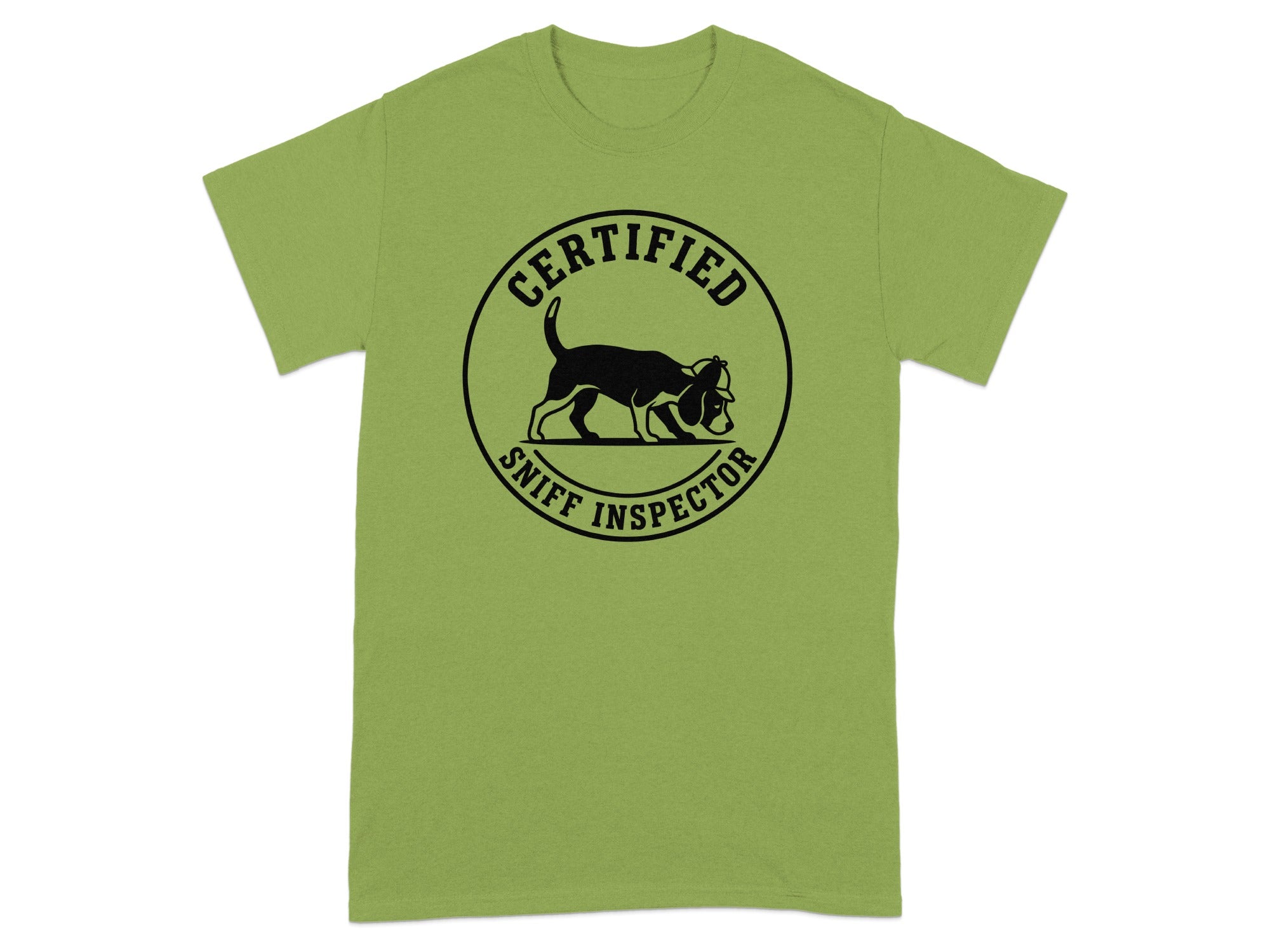 Green t-shirt with black circular logo of a dog wearing glasses and the text "Certified Sniff Inspector".