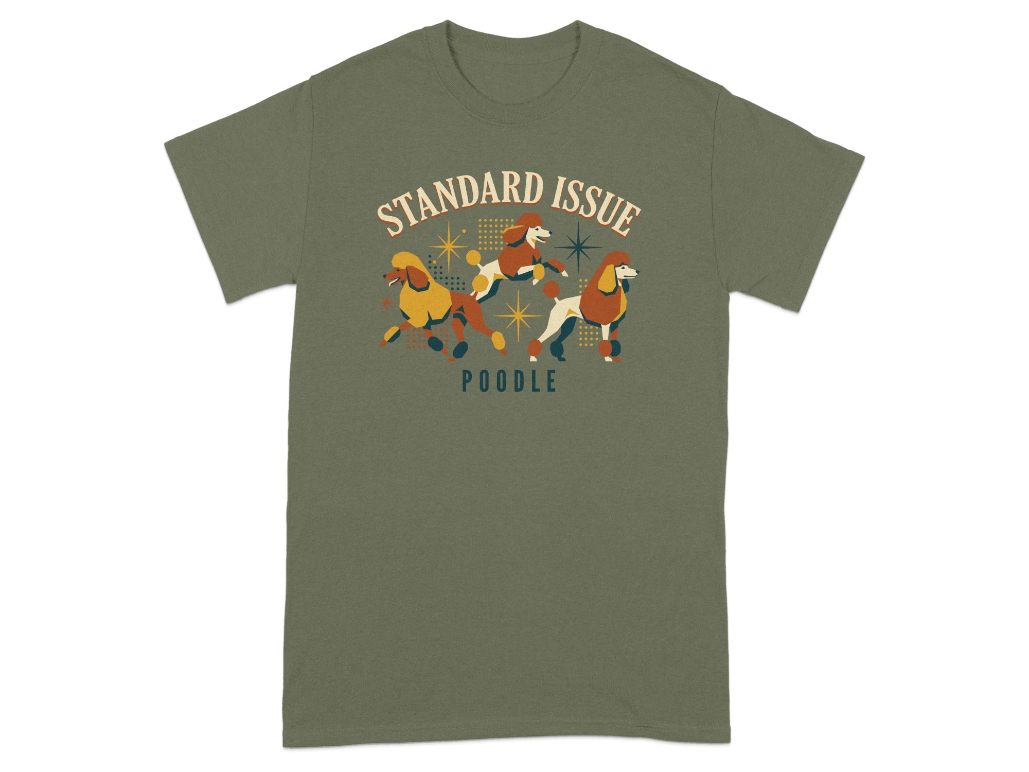 Three stylized poodles in yellow, orange, and white on a t-shirt.