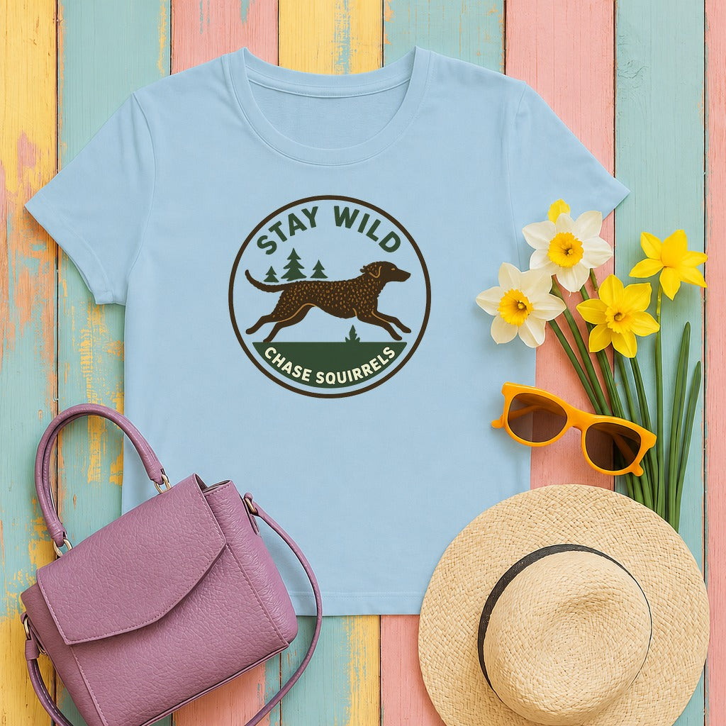 Curly-Coated Retriever Stay Wild Chase Squirrels Tee in Light Blue