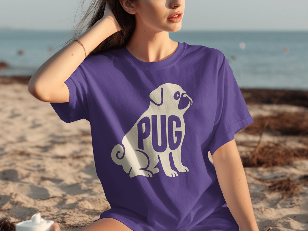 Purple t-shirt with white pug silhouette and the word "PUG".