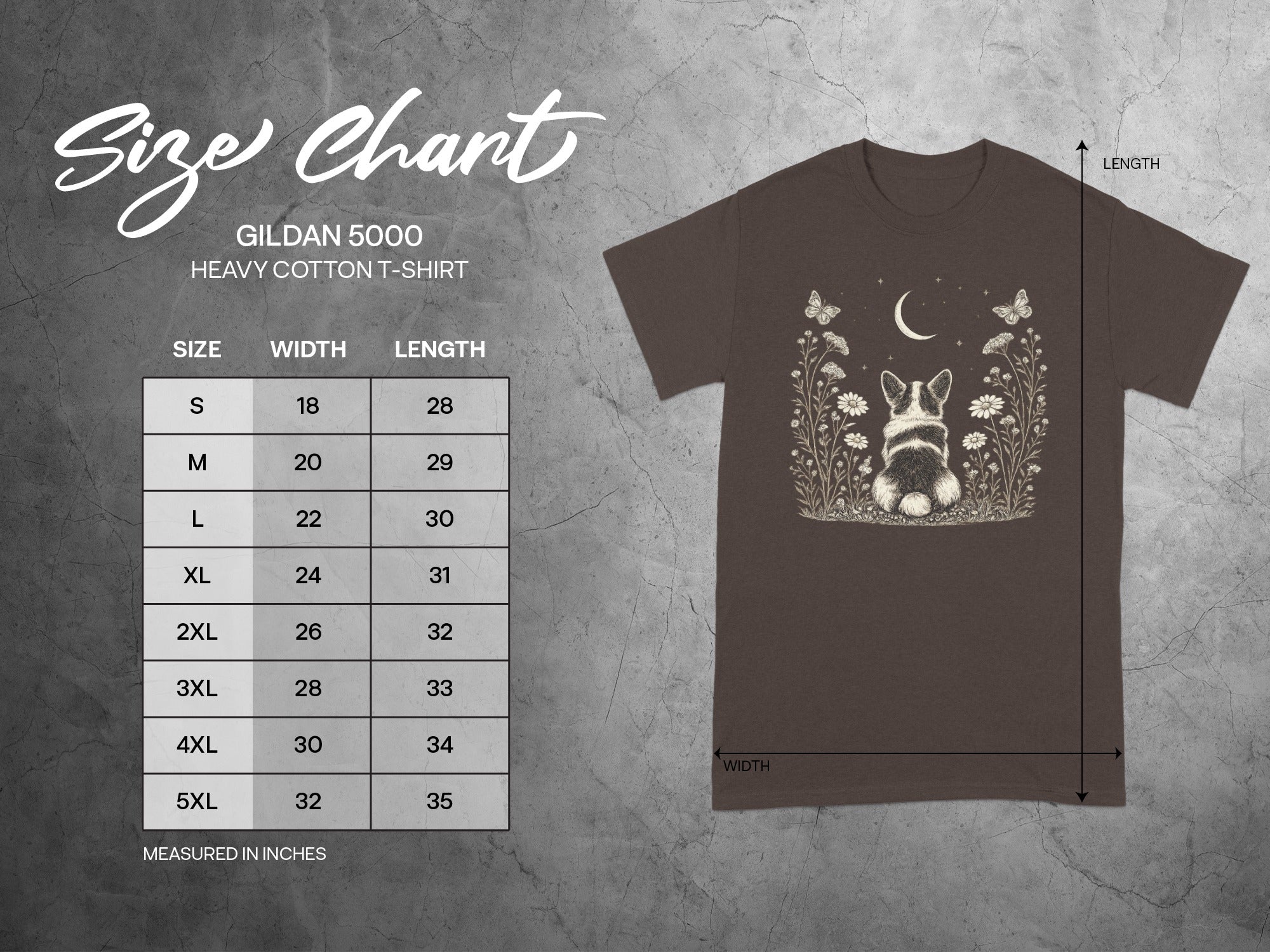Gildan 5000 Heavy Cotton T-shirt size chart with width and length measurements in inches.