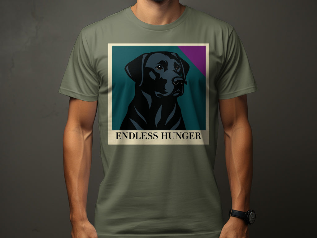 Black Labrador portrait with "ENDLESS HUNGER" text on a khaki inset.