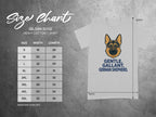 Size chart for Gildan 5000 German Shepherd t-shirt, with measurements.