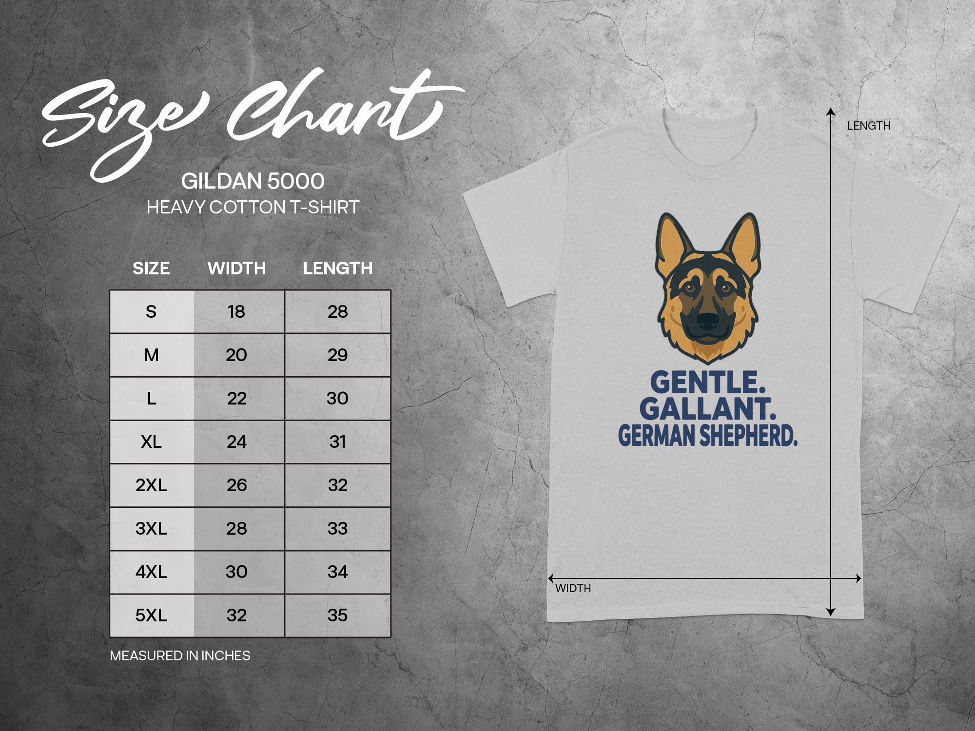 Size chart for Gildan 5000 German Shepherd t-shirt, with measurements.