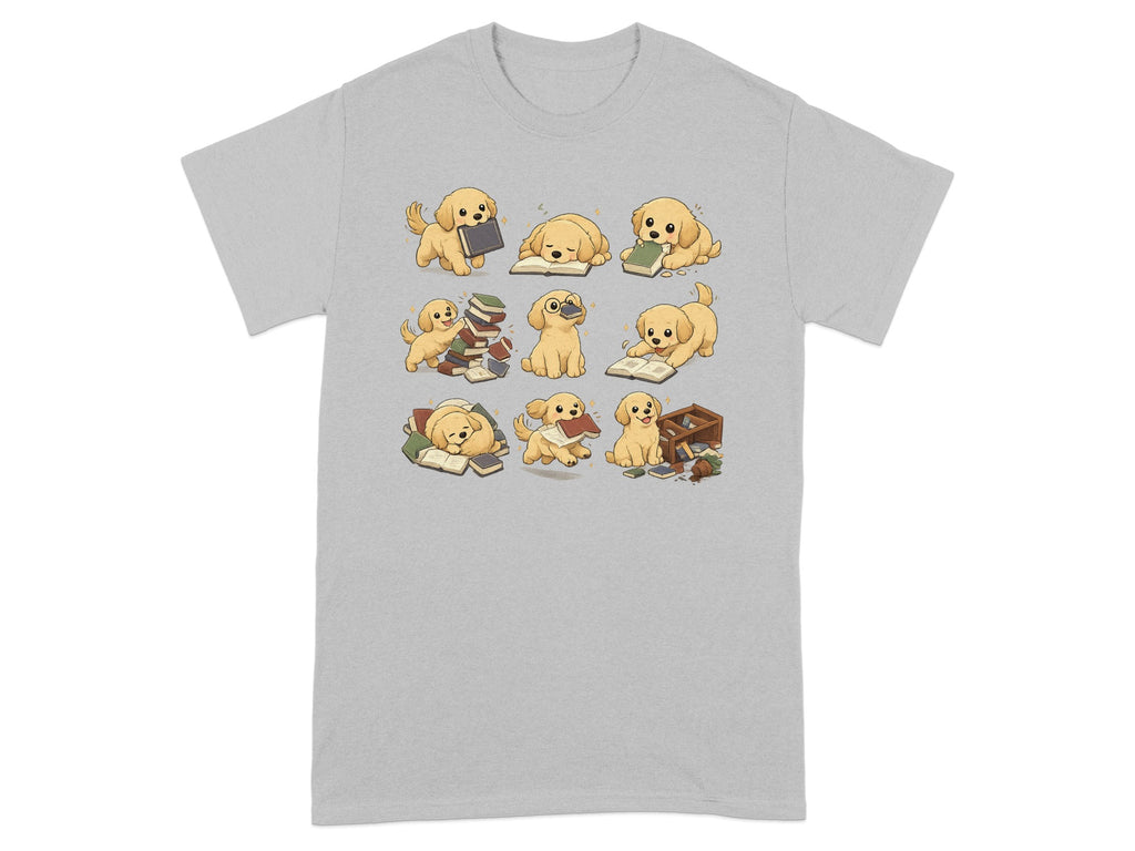 Nine cartoon golden retriever puppies interacting with books and a basket.