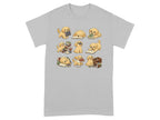 Nine cartoon golden retriever puppies interacting with books and a basket.