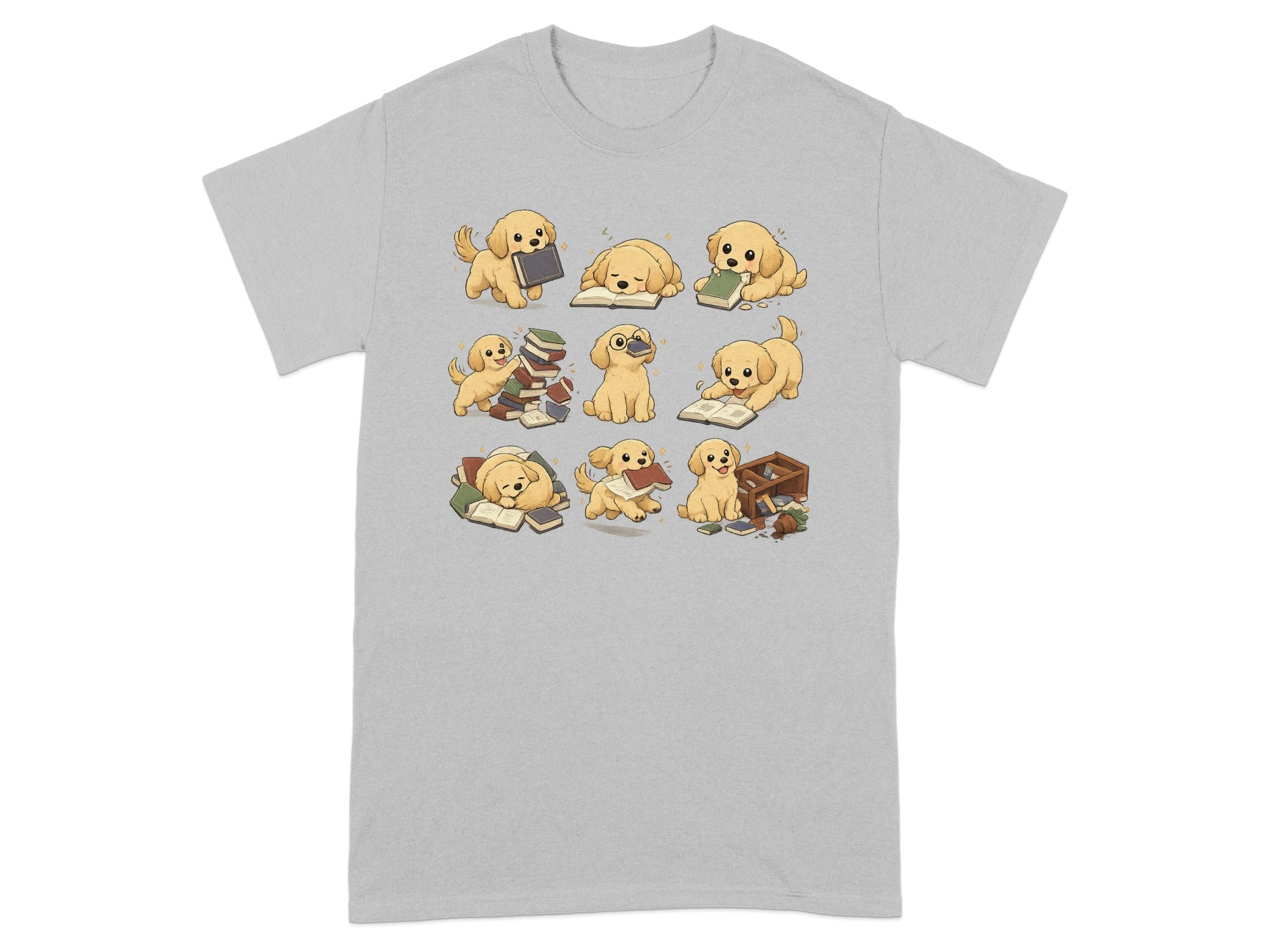 Nine cartoon golden retriever puppies interacting with books and a basket.
