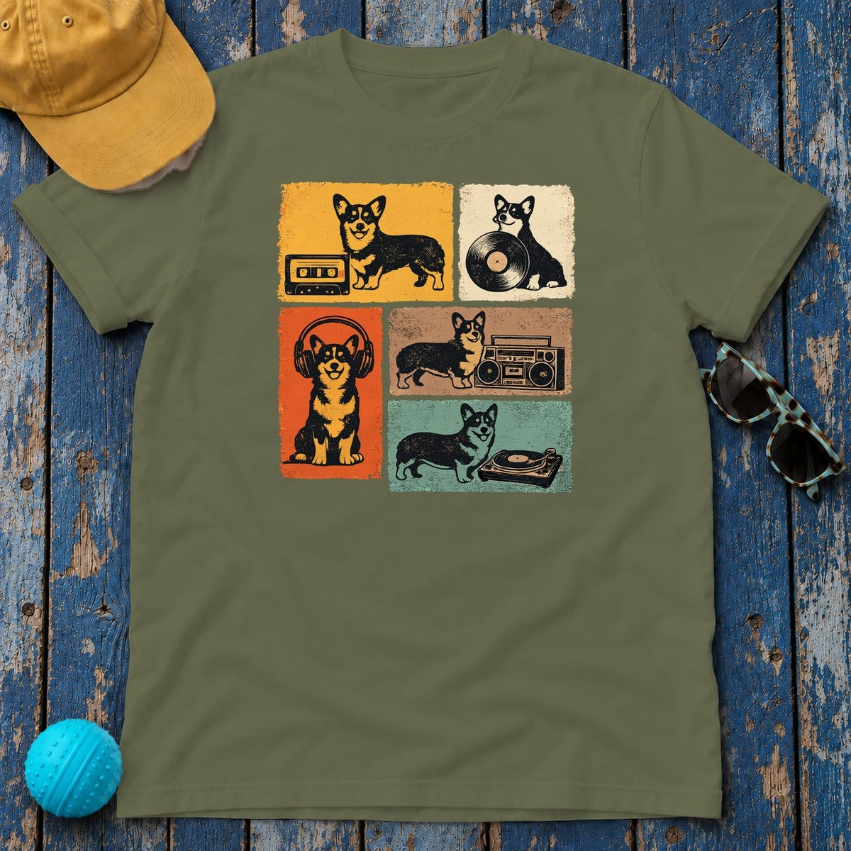 Retro Corgi Mixtape Vibe T-Shirt in Military Green