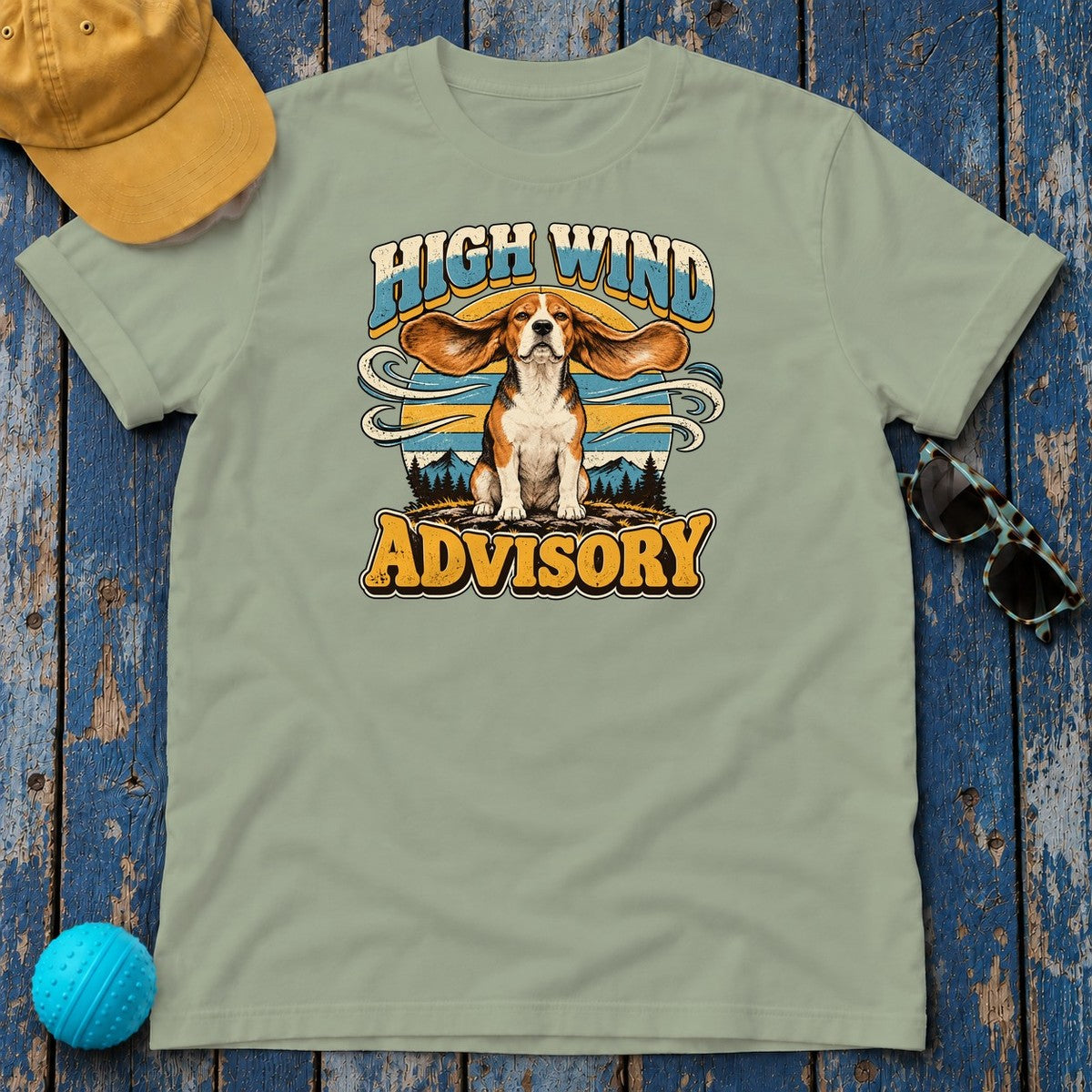 High Wind Advisory Beagle T-Shirt in Sage - flat lay