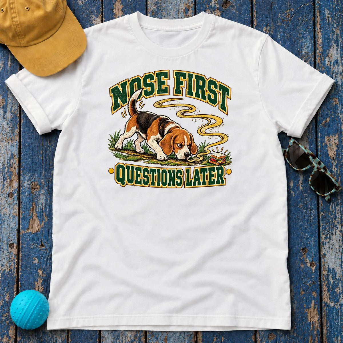 Nose First Questions Later Beagle T-Shirt in White - flat lay