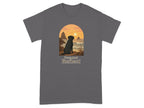 Black lab looking at sunset ocean scene with text "Paws And Reflect."