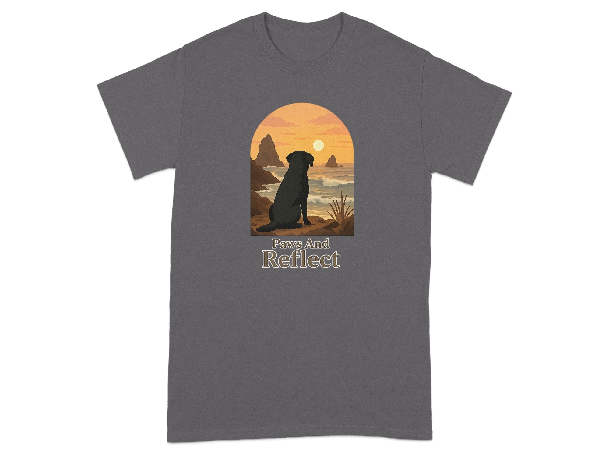 Black lab looking at sunset ocean scene with text "Paws And Reflect."