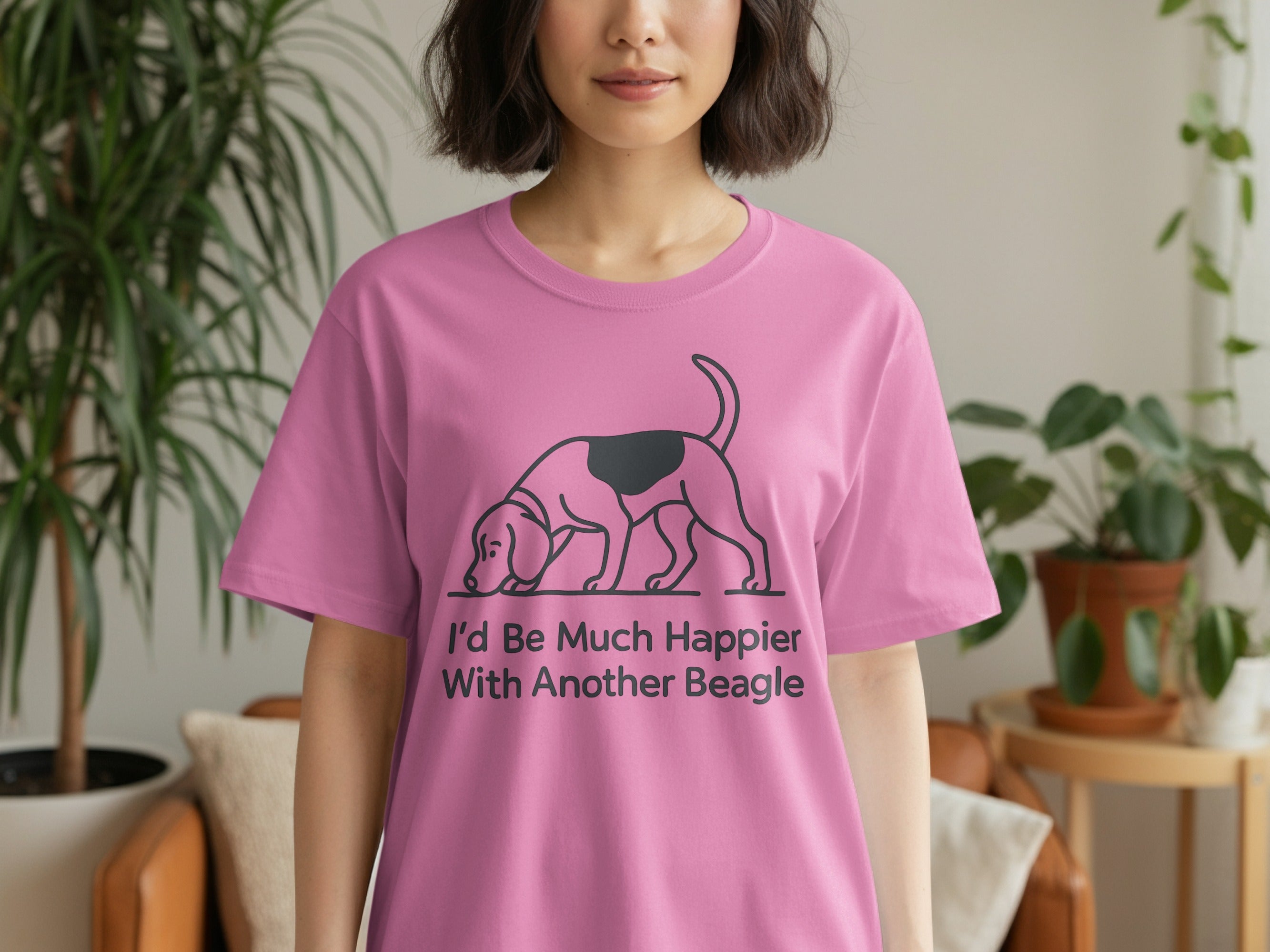 Pink t-shirt with Beagle dog graphic and text "I'd Be Much Happier With Another Beagle".